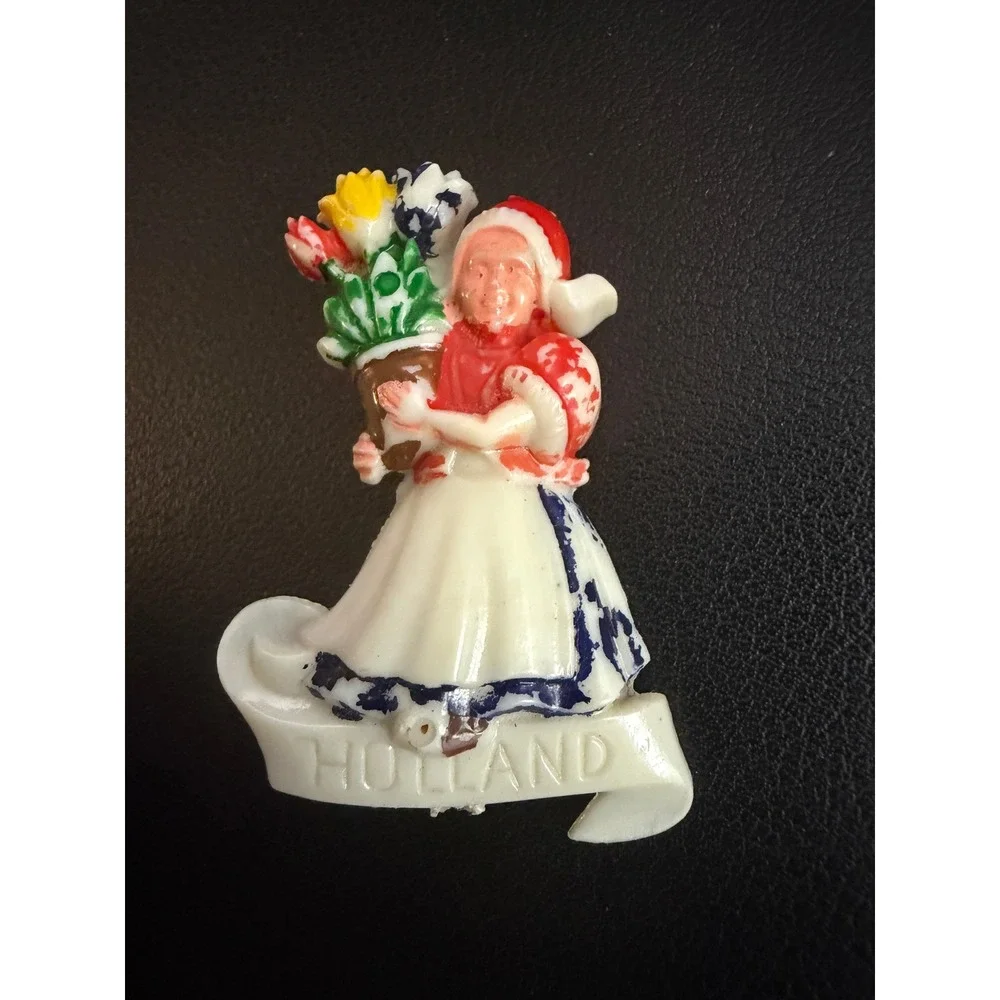 Vintage Celluloid Brooch Holland Dutch Girl Tulips Souvenir